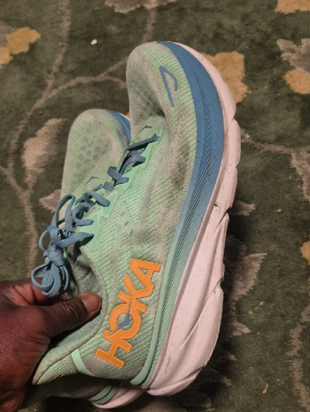 Hoka Women's Mint Green with Light Blue & Orange Accent Running Shoes